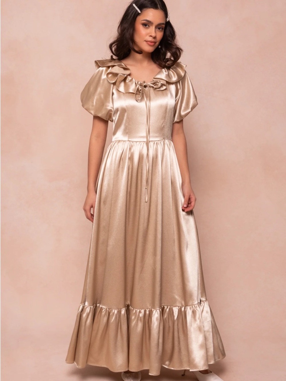 Ivy City Co Champagne Satin Ruffle Maxi Dress